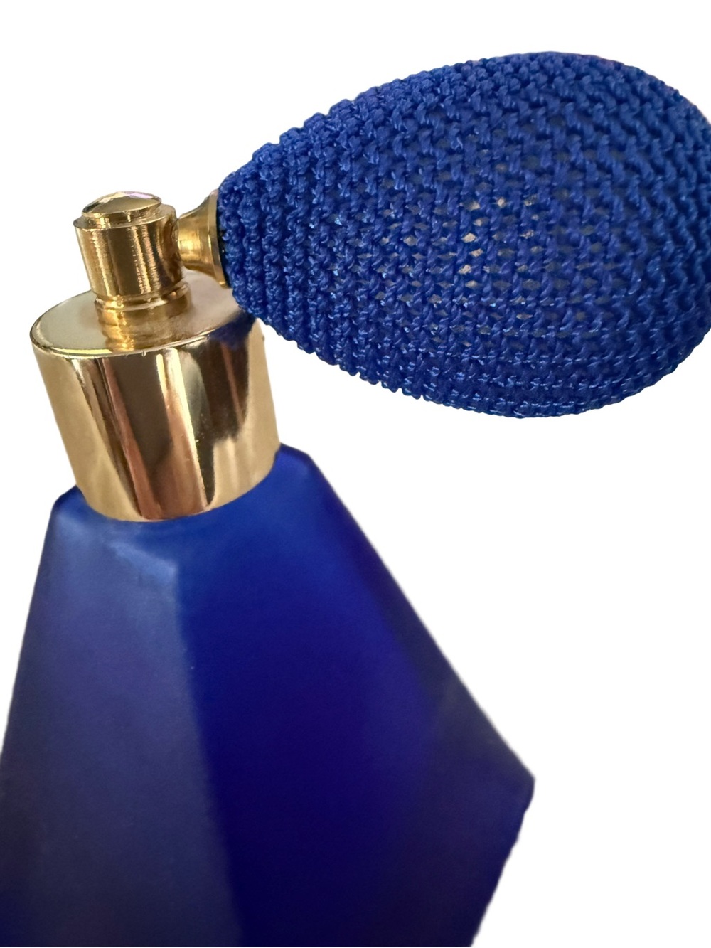 Vintage Cobalt Blue Satin Glass Perfume Bottle with Blue Atomizer — Mid Century